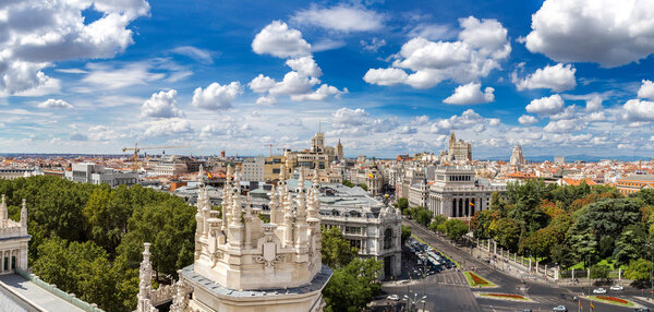 Aerial view Plaza de Cibeles in Madrid in a beautiful summer day, Spain