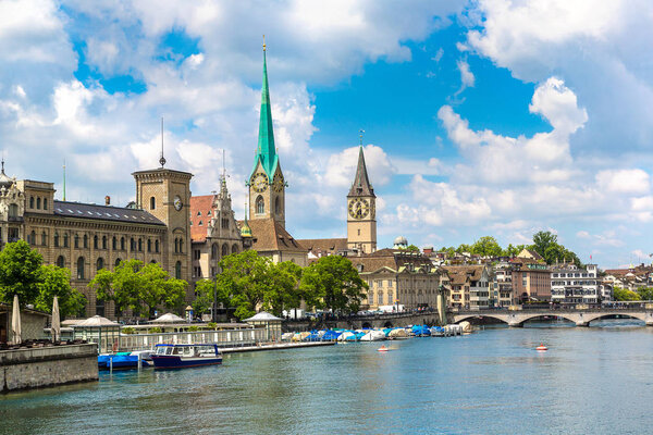 Clock tower of Fraumunster Cathedral in historical part of Zurich in beautiful summer day