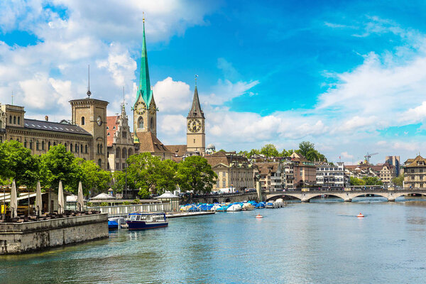 Clock tower of Fraumunster Cathedral in historical part of Zurich in beautiful summer day