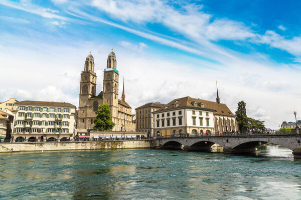 Famous Grossmunster church in Zurich in beautiful summer day
