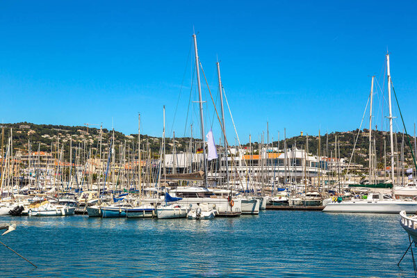 anchored yachts in Cannes port 