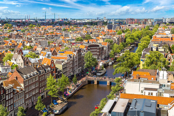 Panoramic aerial view of Amsterdam in beautiful summer day, The Netherlands