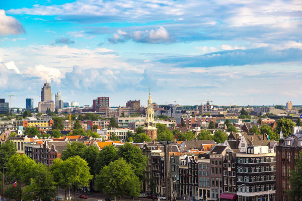 Panoramic aerial view of Amsterdam in beautiful summer day, The Netherlands