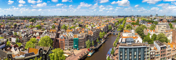 Panoramic aerial view of Amsterdam in a beautiful summer day, The Netherlands