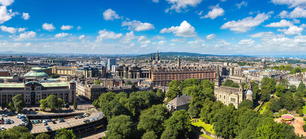 Panoramic aerial view of Edinburgh with green square on a beautiful sunny day, Scotland, United Kingdom