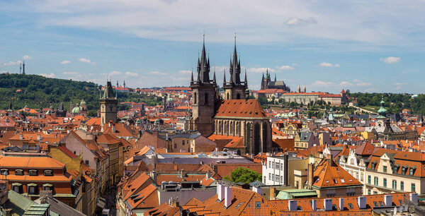 Panoramic aerial view of historical part of Prague on a beautiful summer day, Czech Republic