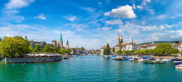 Historical part of Zurich with famous Fraumunster and Grossmunster churches, Switzerland