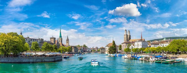Historical part of Zurich with famous Fraumunster and Grossmunster churches, Switzerland