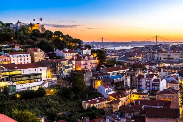 Flygfoto Över Lissabon Nattetid Portugal Slottet São Jorge — Stockfoto