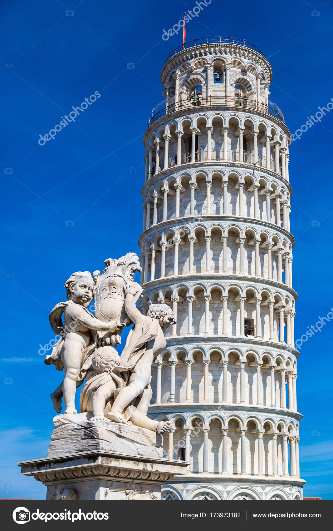 Leaning Tower Pisa Statue Angels Summer Day Italy Stock Photo