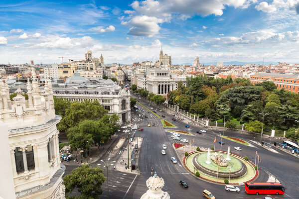 Aerial view of Cibeles fountain at Plaza de Cibeles in Madrid in a beautiful summer day, Spain