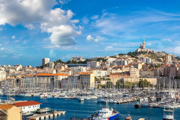 Panoramatický Pohled Baziliku Notre Dame Garde Starý Přístav Marseille Francie — Stock fotografie