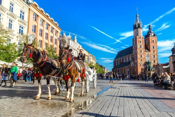 Horse carriages at main square in Krakow — Stock Photo, Image