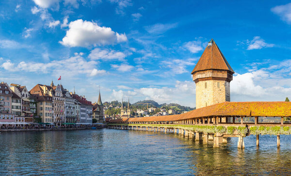 Famous Chapel bridge in Lucerne in a beautiful summer day, Switzerland