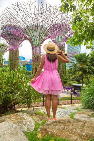 Singapore Haziran 2019 Singapur Körfezi Ndeki Gardens Pembe Elbise Hasır — Stok fotoğraf