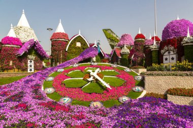 DUBAI, BİRLİK ARAB EMIRATES - 31 Ocak 2020: Güneşli bir günde Dubai mucizevi bahçesi, Birleşik Arap Emirlikleri