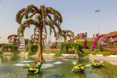 DUBAI, BİRLİK ARAB EMIRATES - 31 Ocak 2020: Güneşli bir günde Dubai mucizevi bahçesi, Birleşik Arap Emirlikleri