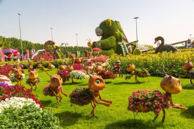 DUBAI, BİRLİK ARAB EMIRATES - 31 Ocak 2020: Güneşli bir günde Dubai mucizevi bahçesi, Birleşik Arap Emirlikleri