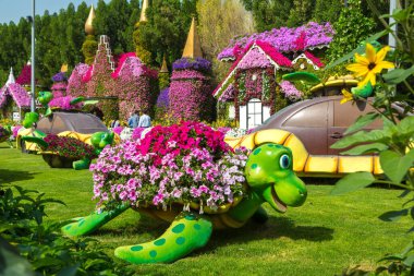 DUBAI, BİRLİK ARAB EMIRATES - 31 Ocak 2020: Güneşli bir günde Dubai mucizevi bahçesi, Birleşik Arap Emirlikleri