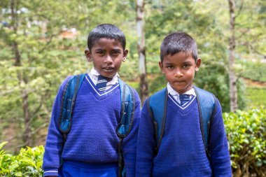 Nuwara Eliya, Sri Lanka 'daki çay çiftliklerinde iki öğrenci.