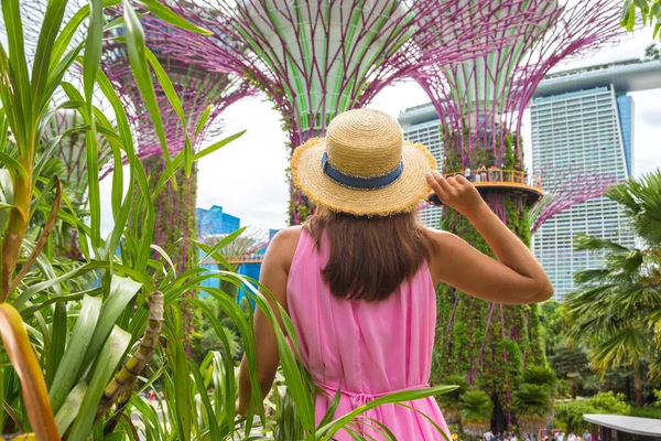 Singapore Haziran 2019 Singapur Körfezi Ndeki Gardens Pembe Elbise Hasır — Stok fotoğraf