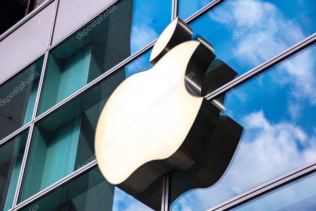 NEW YORK CITY, USA - MARCH 15, 2020: Apple store logo at Apple Fifth Avenue in New York City, NY, USA