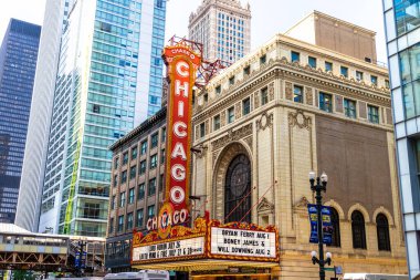 Chicago, ABD - 29 Mart 2020 Şikago Tiyatrosu tabelası, ABD