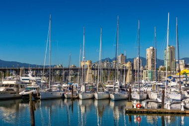 VANCOUVER, Kanada - 2 Nisan 2020: Vancouver, Kanada 'da güneşli bir günde sahte dere manzarası
