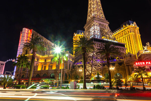 LAS VEGAS, USA - MARCH 29, 2020: Paris Las Vegas hotel and casino at night in Las Vegas, Nevada, USA