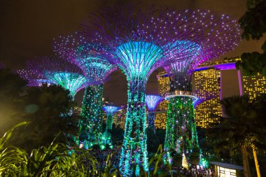 SINGAPORE, SINGAPORE - 26 Şubat 2020: Körfez kenarındaki bahçeler ve Singapur 'daki Marina Bay Sands Oteli geceleri aydınlatıldı