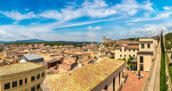 Panoramiczny Widok Lotu Ptaka Girona Katedry Piękny Letni Dzień — Zdjęcie stockowe