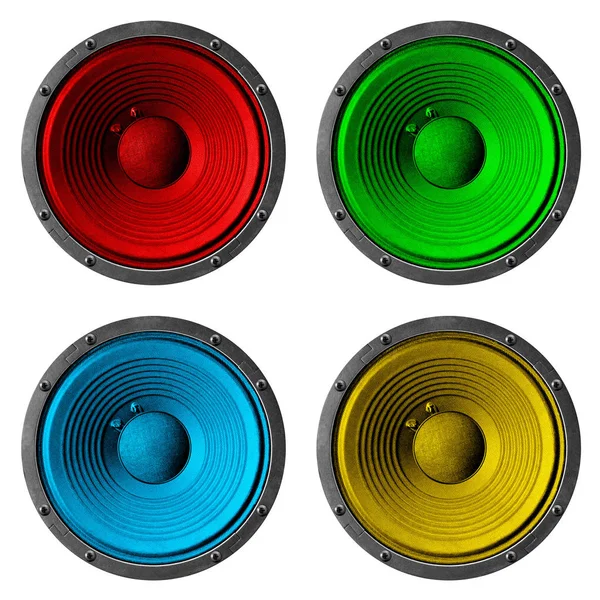 4 colorful speakers set isolated on white background. — Stock Photo, Image