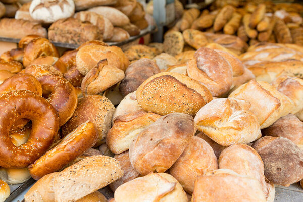 fresh baked buns and loafs on a market