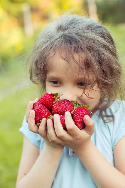 Kleines Mädchen mit einer Handvoll Erdbeeren — Stockfoto