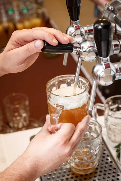 Le mani del barista versano una birra artigianale alla spina in una tazza Immagini Stock Royalty Free