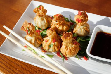 Bir plaka ile altı kızarmış wontons bölümünü sopa