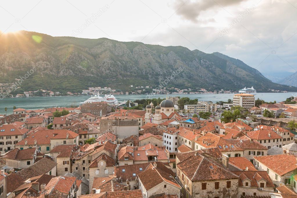 View of old town roofs in a Bay of Kotor from Lovcen mountain in