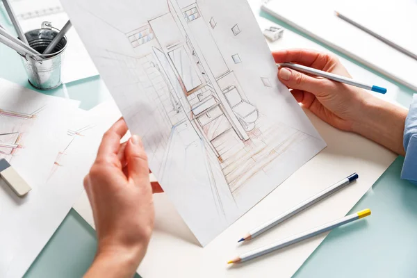 Interieur met hand tekening potlood schets van een bathro — Stockfoto