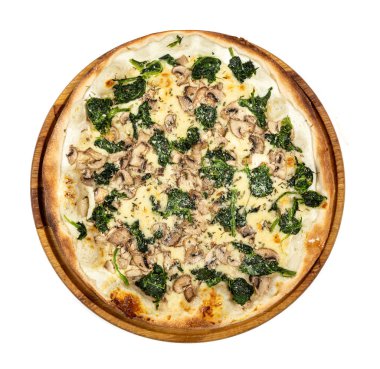 Mozarella, ıspanak ve mantarlı klasik ince pizza.