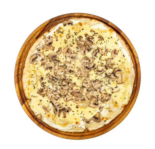 Classic thin pizza with mozzarella, feta and mushrooms  on a whi — 스톡 사진