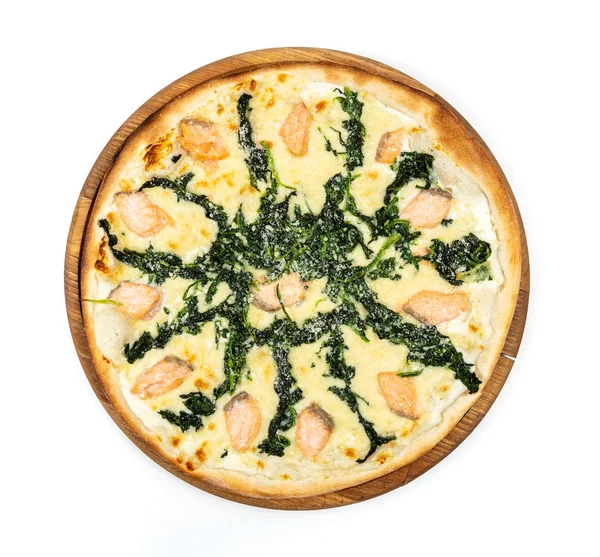 Classic thin pizza with mozzarella and smoked salmon on a white — 스톡 사진