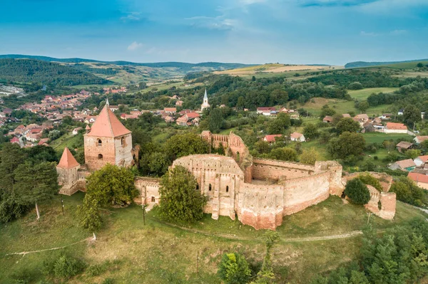 Αεροφωτογραφία Drone Του Slimnic Fortress Stolzenburg Που Βρίσκεται Ένα Λόφο — Φωτογραφία Αρχείου