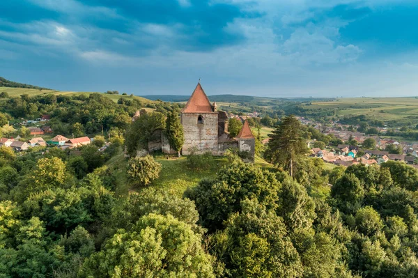 Veduta Aerea Drone Della Fortezza Slimnic Stolzenburg Situato Una Collina — Foto Stock