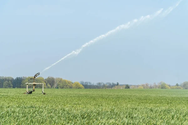 Pistola Rega Automática Aspersão Rollaway Irrigando Campo Agricultor Temporada Primavera — Fotografia de Stock