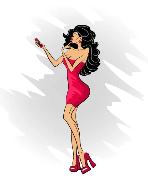 Glamoureuze dame in rode jurk en rode schoenen maakt selfie — Stockvector