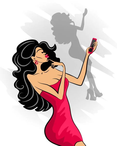 Kırmızı elbise ve kırmızı ayakkabılar çekici Bayan selfie yapar — Stok Vektör