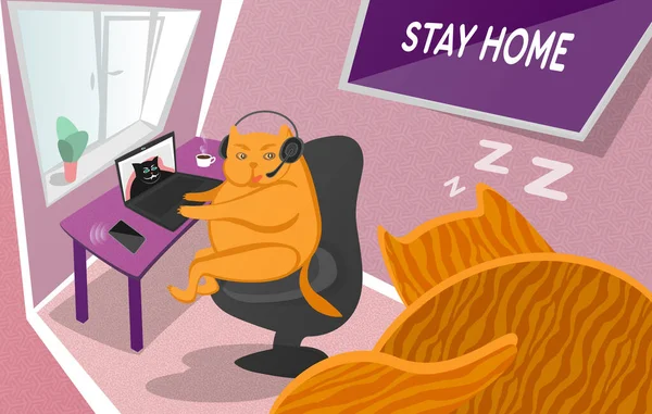 Working remotely concept. Self isolation concept. A fat red cat works or learns remotely home on a laptop in a room and afraid to wake his sleeping cat. Stay home. Quarantine. Self-isolation. Covid-19. Work from home. Vector cartoon illustration.