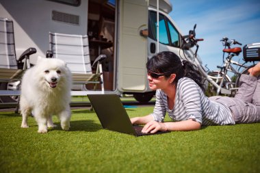 Kadın ile bir laptop arıyorum bir köpek çimlerin üzerine