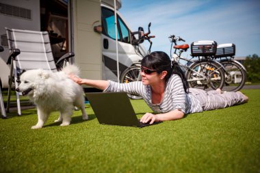 Kadın ile bir laptop arıyorum bir köpek çimlerin üzerine