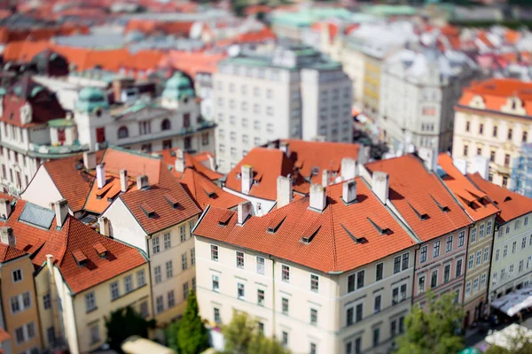 Praag uitzicht over de stad van bovenaf. Tilt/shift lens. — Stockfoto